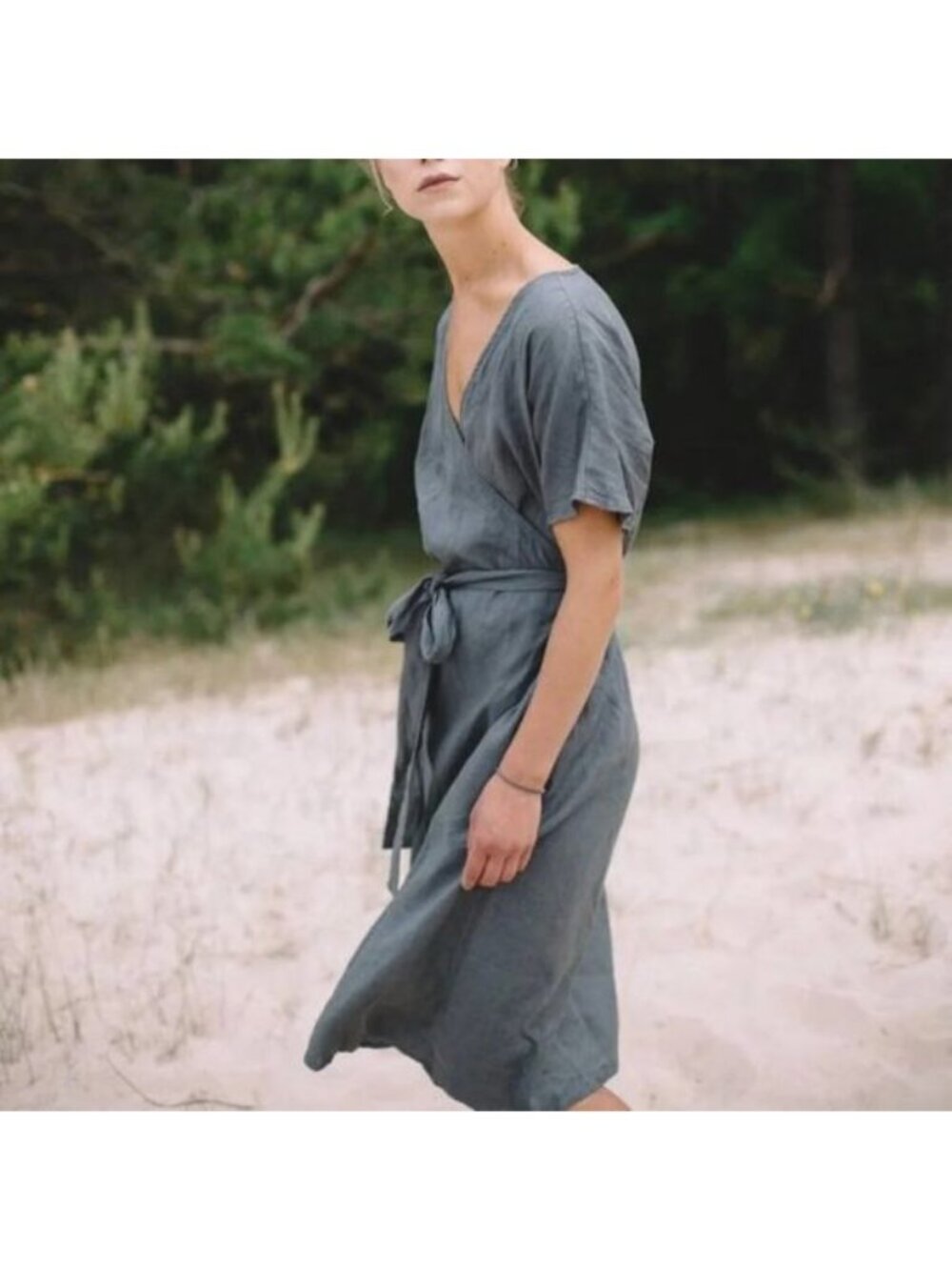 Linenfox Women L XL Mimosa Linen Wrap Dress Gray Adjustable Tie Waist Breathable